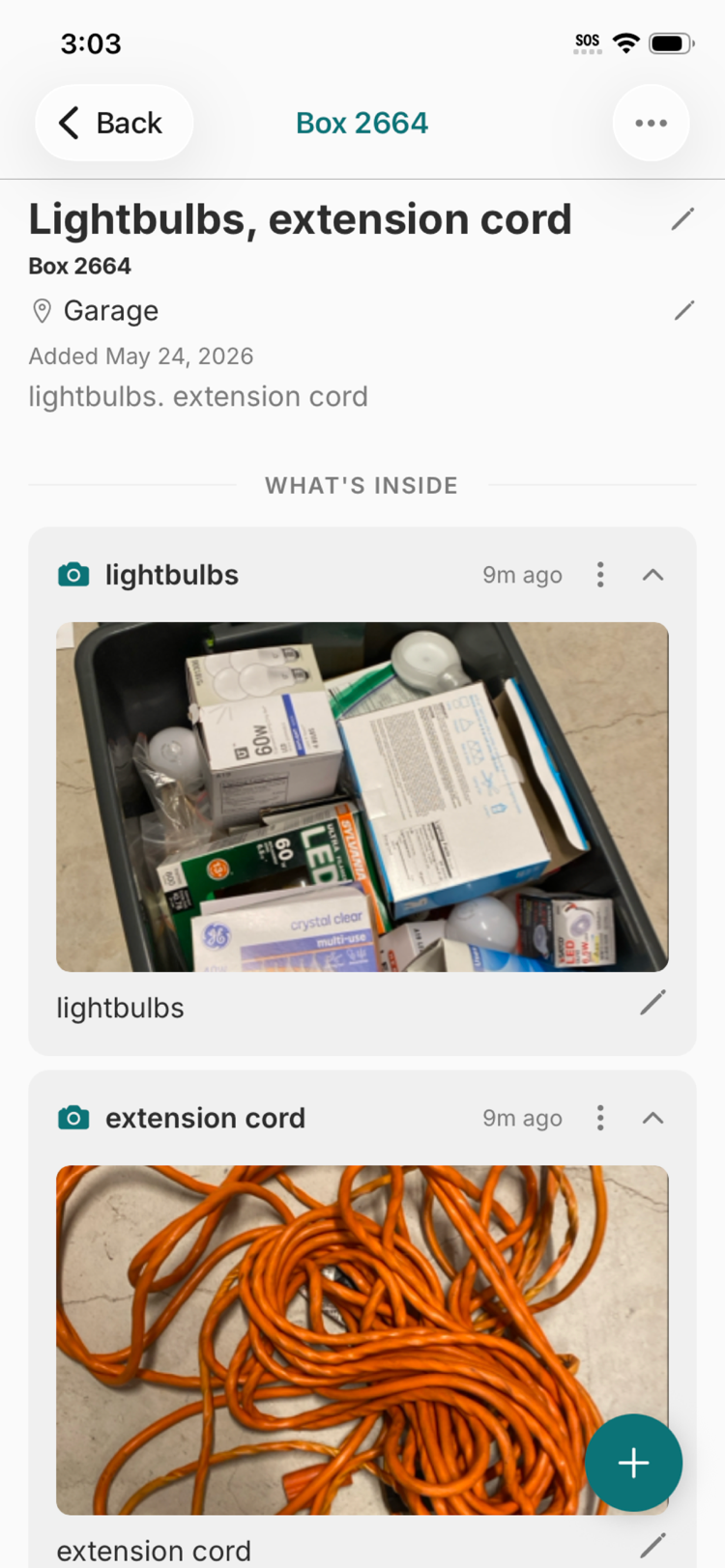 Snap & Store box detail screen: the AI-cataloged contents of a numbered box, with its location