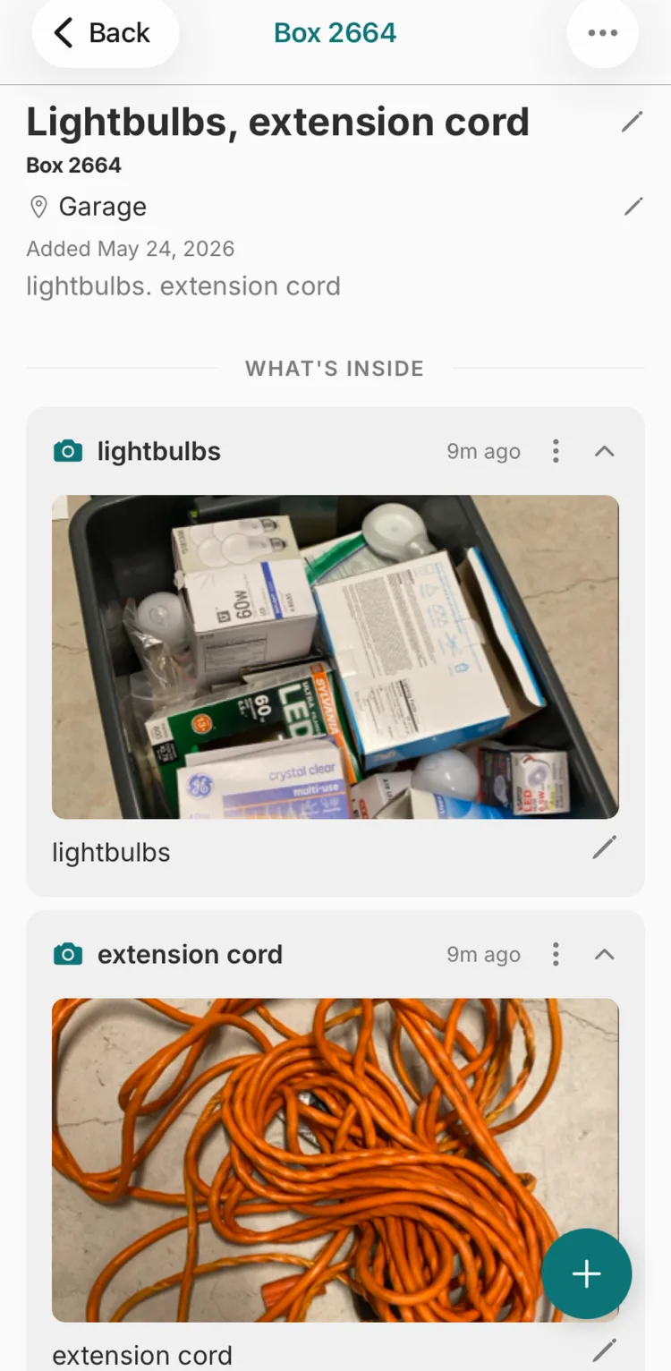 Snap & Store box detail: lightbulbs and an extension cord cataloged in Box 2664, each item with its own photo