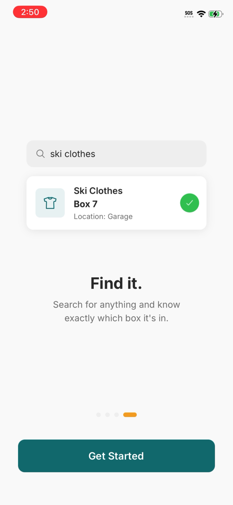 Searching in Snap & Store: type an item, get the box and location it lives in