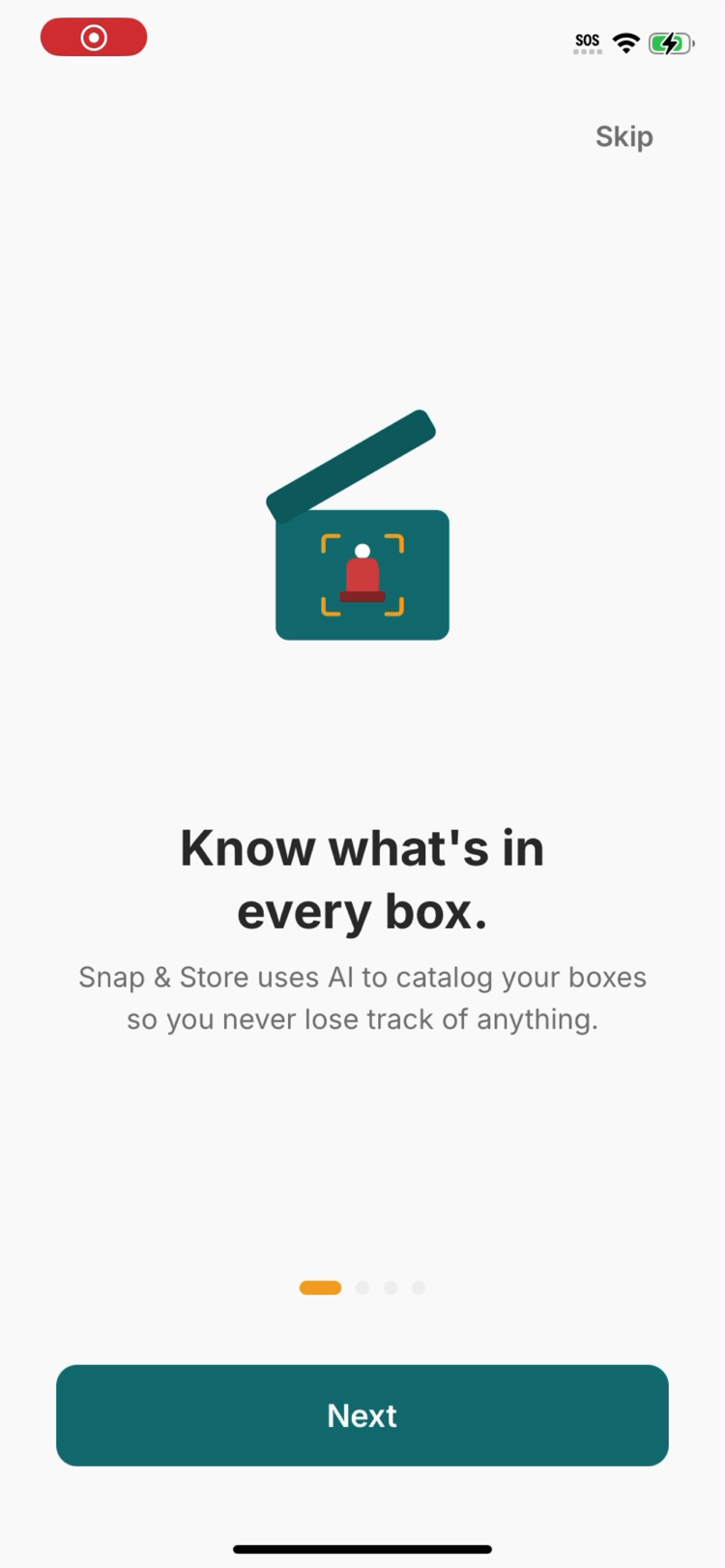 Snap & Store onboarding screen: know what's in every box — the catalog lives on your phone